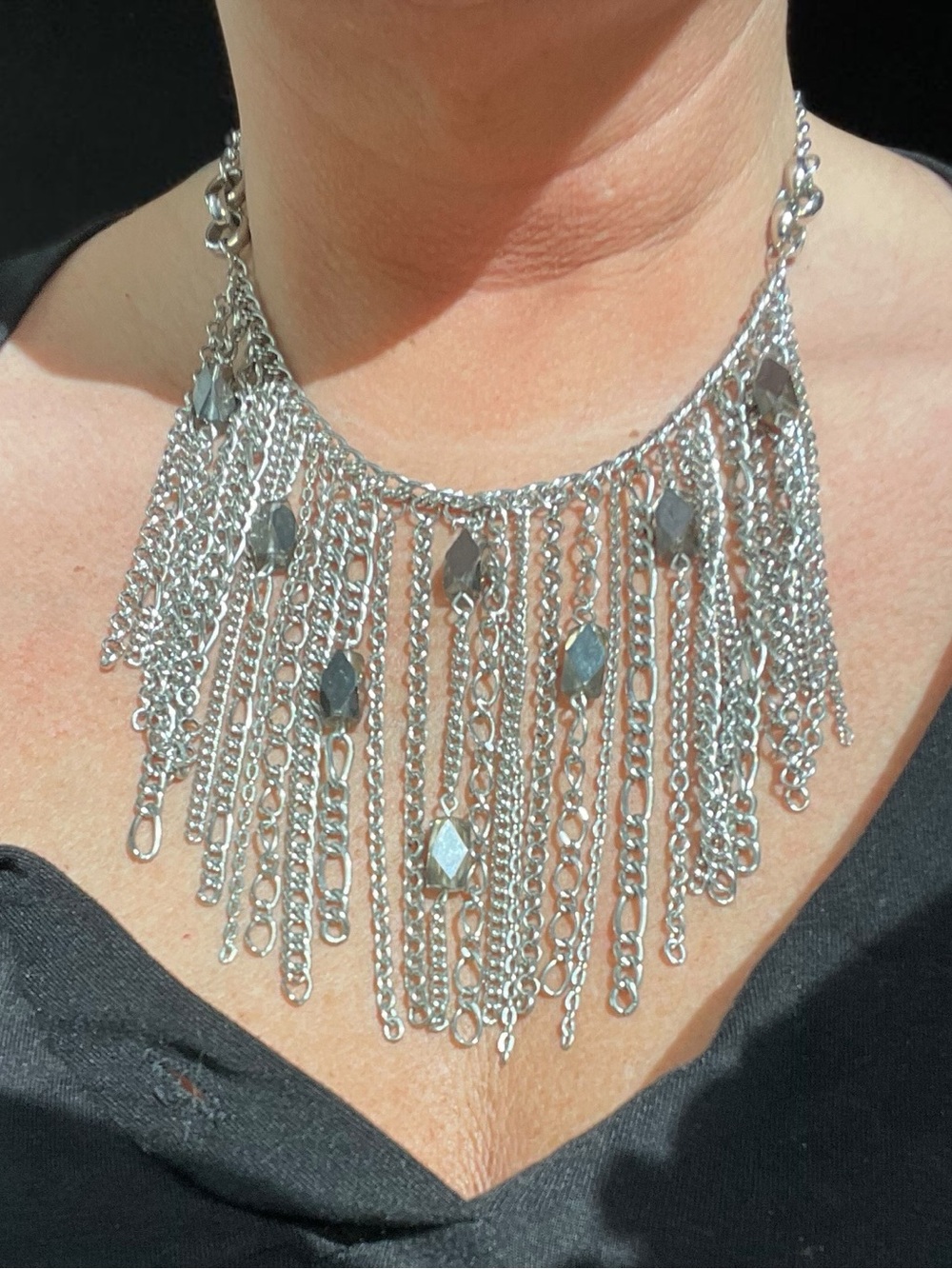 Silver Tone Cascading Fringe Waterfall Necklace Smoky Crystal Statement